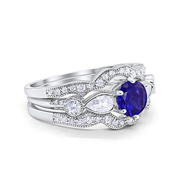 Three Piece Bridal Wedding Promise Ring Simulated Blue Sapphire CZ 925 Sterling Silver